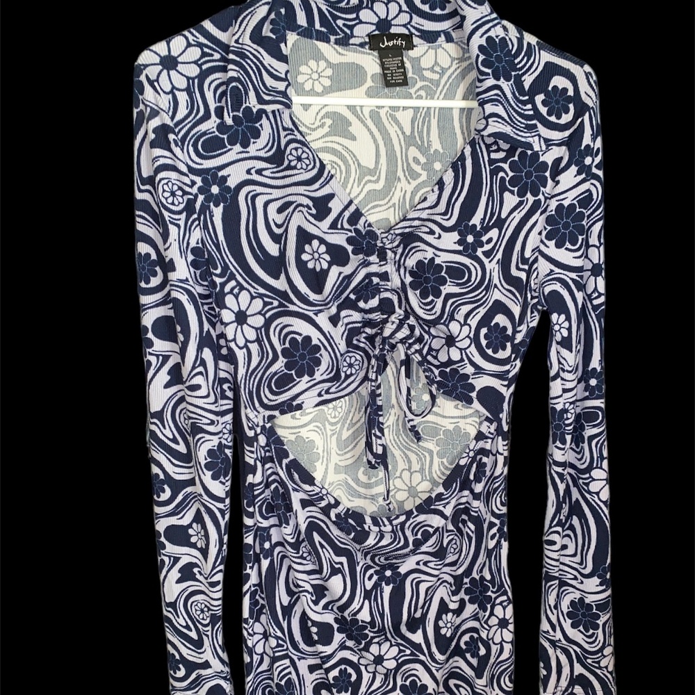 NWT Women's Justify Long Sleeve Stretch Dress Purple Daisy Blue Floral - Picture 1 of 5